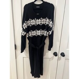 Lane Bryant Black White Fair Isle Sweater Dress Plus Size 18/20 Belted Midi Knit